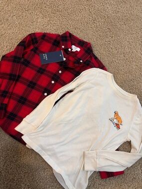 crown & ivy Red Plaid Button-Down with Cream Graphic Tee